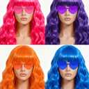 Long Curly Wig with Heart Sunglasses and Hair Cap  Set of 4 | Colorful Colored Party Wigs Funny Costume Hairpieces for Cosplay