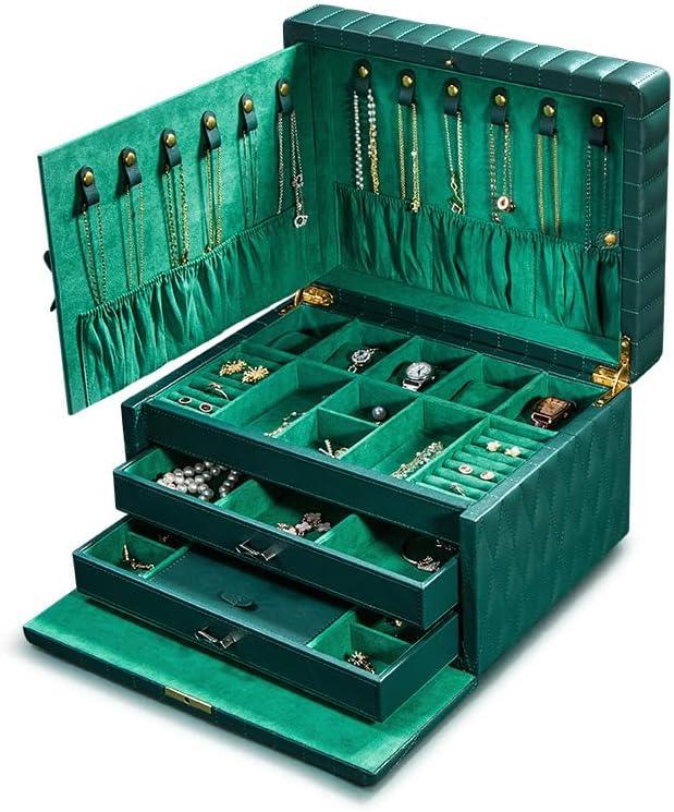 Genuine Leather Jewelry Box  3 Layer Large Jewelry Organizer with Mirror, Lockable Jewelry Box for Women  Necklace, Ring, Earring Organizer with Drawer - Gifts(Green)