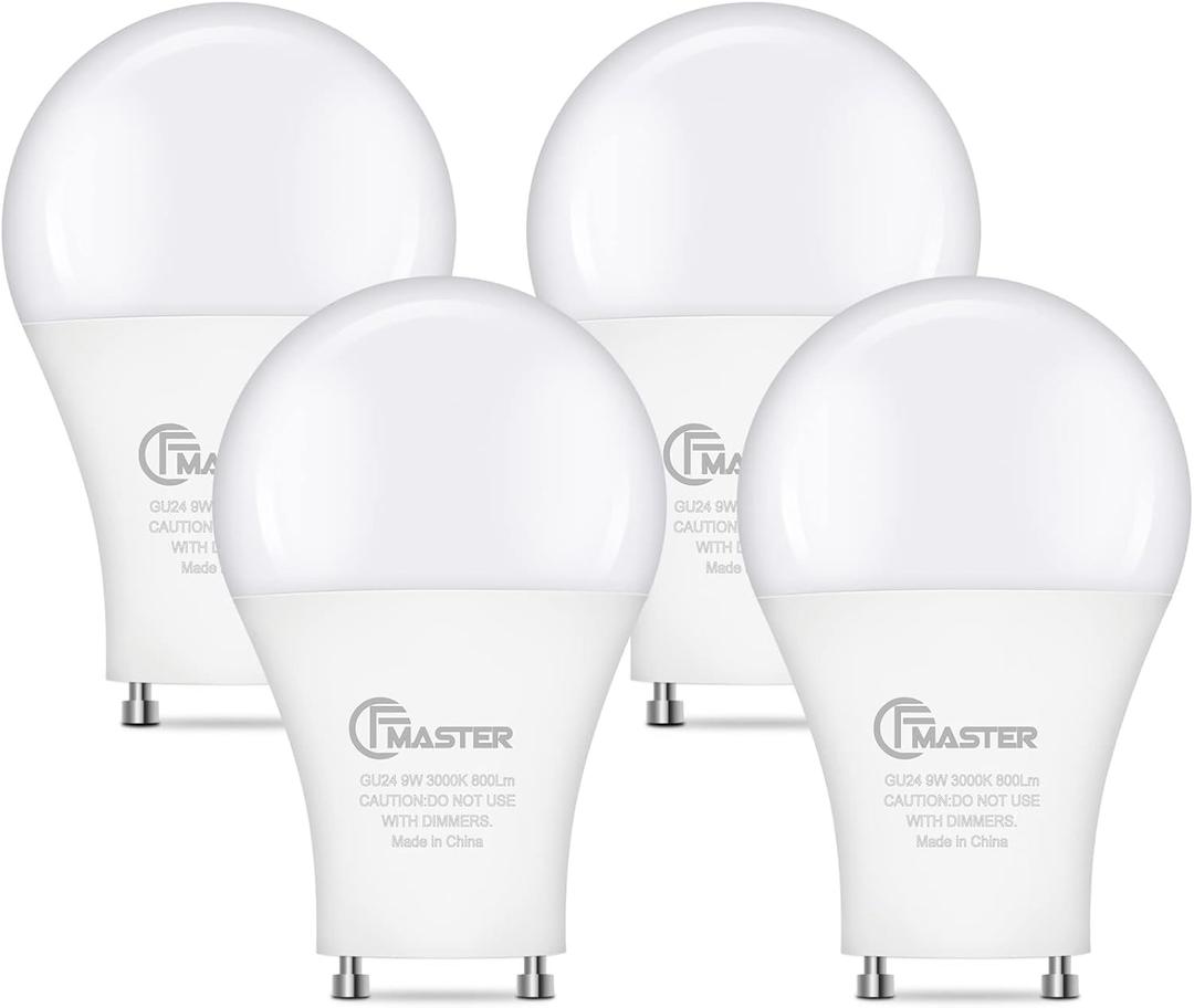 GU24 LED Llight Bulb, 3000K Warm White, 9W(100W Equivalent), 800 Lumens, A19 Shape GU24 LED Bulbs, Twist and Lock GU24 Pin Base with Two Prongs, Non-Dimmable(4-Pack)