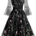 Women Mesh Floral Embroidery Vintage Cocktail Swing Dress Illusion 50s Goth Flared A line Casual Wedding Prom Evening Dress