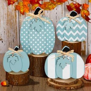 Yalikop 4 Pcs Thanksgiving Wooden Pumpkin Decor 3D Pumpkin Tabletop Signs Farmhouse Thanksgiving Fall Standing Table Centerpieces Rustic Tiered Tray Decor for Home Kitchen Party(Blue and White)