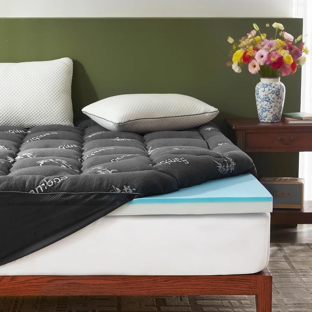 BEDLORE 4 Inch Memory Foam Mattress Topper Queen,2-in-1 Dual Layer Design (2" Gel Memory Foam + 2" Plush Pillow Top Cover) Mattress Topper Medium-Firm,Pressure Relief & Back Pain Support(Dark Gray)