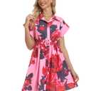 Rseoutlh Women's Button Down Shirt Dress Floral Printed V-Neck Turn Down Short Sleeve Mini Casual Trench Coat Formal Red