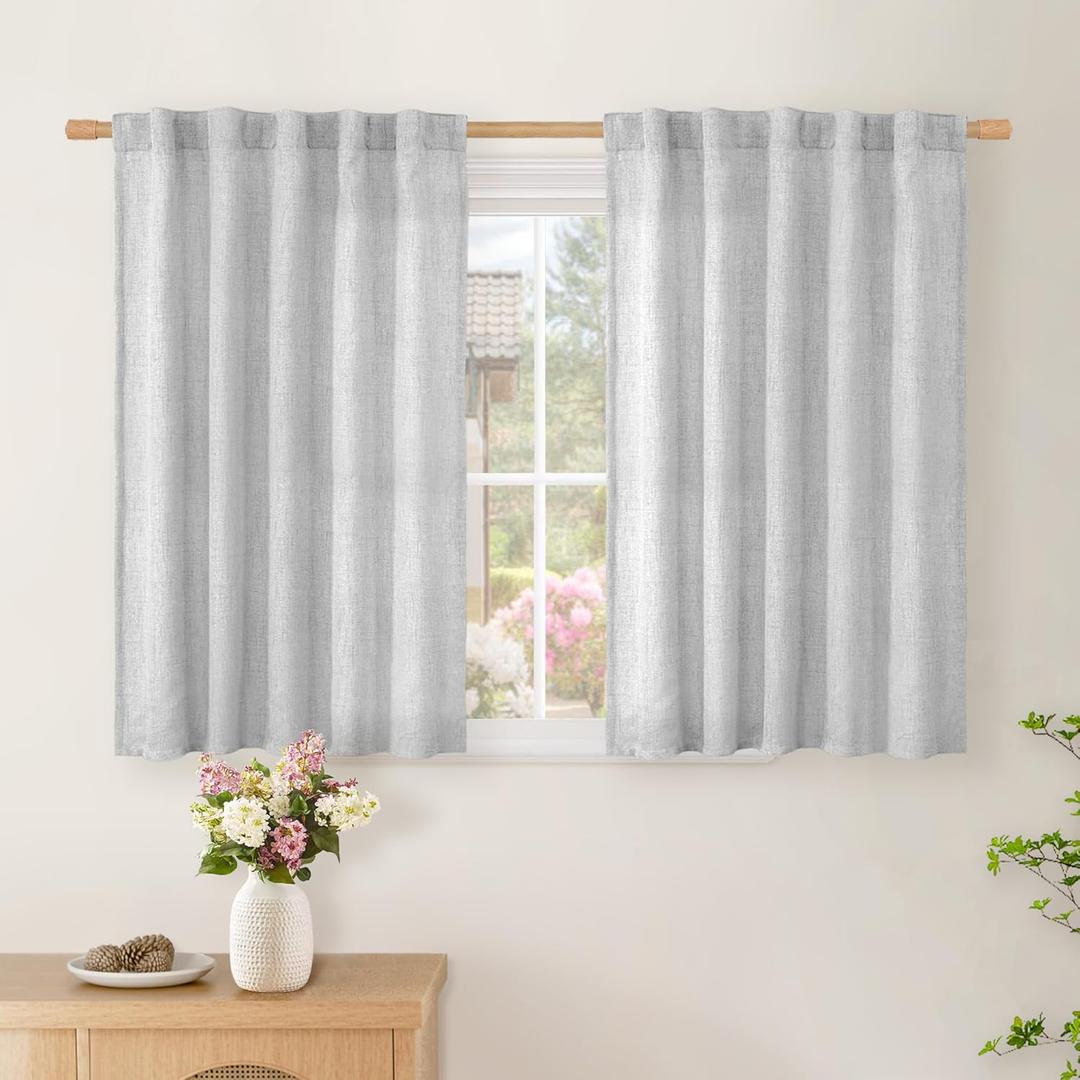 BGment Light Grey Linen Curtains 36 Inch Length for Kitchen Cafe Window - Short Semi Sheer Drapes Light Filtering with Rod Pocket Back Tab for Bedroom Bathroom, 2 Panels, 42 Inch Wide Each Panel