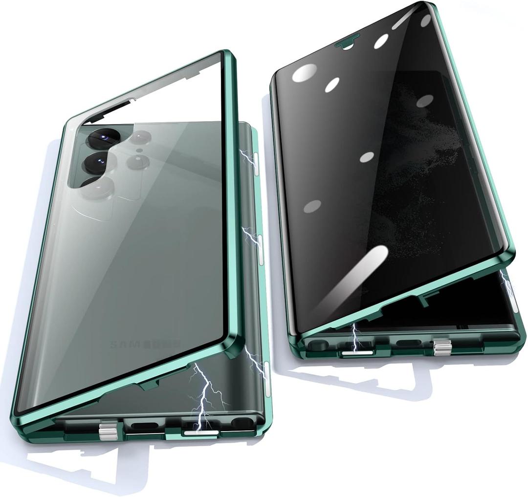 Jonwelsy Anti Peeping Case for Samsung Galaxy S22 Ultra, 360 Privacy Tempered Glass Cover, Magnetic Metal Bumper (Green)