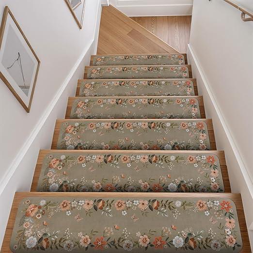 OJIA Floral Stair Treads NonSlip Stair Runners for Wooden Steps Indoor 15PCS 30"x8" Carpet Stair Treads Mats Staircase Step Treads for Kids, Elders and Dogs, Stair Covers, Brown