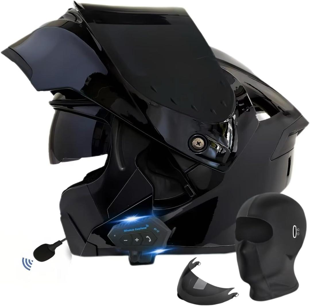 Motorcycle Bluetooth Modular Helmet, DOT Approved Flip Up Full Face Motorcycle Dual Visor Helmet, with Dual Speakers and Microphone, for Adults Men and Women (Medium, Light Black)