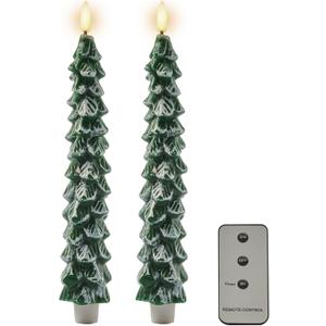 DN DECONATION Flameless Christmas Tree Candlesticks with Remote, LED Christmas Flameless Taper Candles Battery Operated, Frosted Tree Fake Candle Sticks for Xmas Table Decor Window Decorations 2PCS (Set of 2)