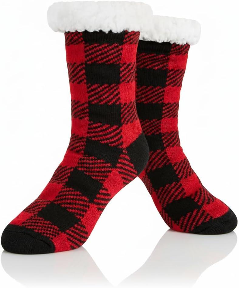Slipper Socks for Women with Grippers, Fuzzy Christmas Socks Fluffy Cabin Cozy Winter Thick Warm Comfy Fleece Soft for Indoor Outdoor Room (One Size Wide, Red & Black Plaid)