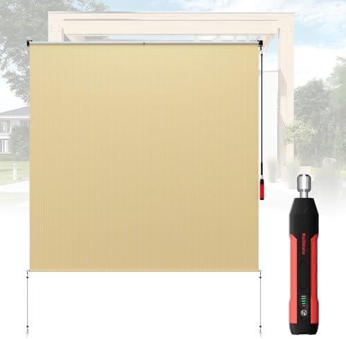 OOTONAT Roller Shades for Patio 8' W x 6' H, Exterior Cordless Shades Roll Up Outdoor Blinds with 90% UV Protection for Gazebo, Beige - Electric/Manual Awning Crank Kit