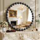Round Vanity Mirror with Beaded Frame, 28 Inch Circle Wall Mirror for Bedroom Dresser, Entryway, Bathroom, Living Room, Decorative Hanging Wall Mirror, Black
