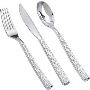 Supernal 180Pcs Silver Plastic Silverware Set, Elegant Hammered Design Heavy Duty Disposable Cutlery, Includes 60 Forks, 60 Knives, 60 Spoons,Silver Plastic Utensils for Wedding, Parties,Events