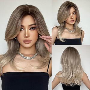 Ombre Blonde Wig for Women Long Wavy Middle Part Synthetic Brown Ombre Blonde Wig for Daily Party 20 Inch Natural Wigs