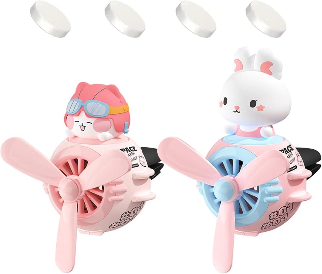 2 Pieces Car Air Fresheners, Cute Rabbit and Cat Pilot Car Diffuser, Propeller Air Outlet Vent Fresheners, Suitable for Automotive Interior Decoration (Cat+Rabbit)