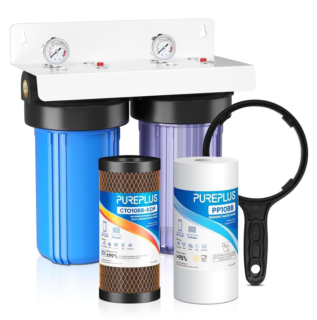 PUREPLUS 2-Stage Whole House Water Filtration System, Reduces Chlorine, Odor, Heavy Metals & Rust, with Pressure Gauges, 10" x 4.5" Clear Housing, 1" Inlet/Outlet, PP Sediment & KDF Carbon Filters