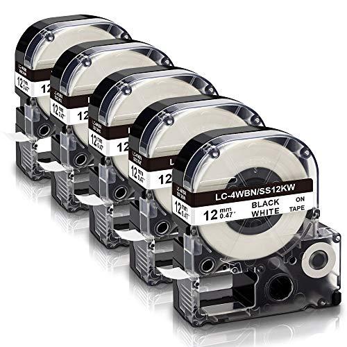 Absonic Compatible for Epson Label Maker Tape LK-4WBN LC-4WBN LC 4WBN9 SS12KW 12mm 1/2" Black on White 0.47" Label Tape Work for Epson LabelWorks LW300 LW400 LW500 LW700 LW-K200PX Label Maker, 5-Pack