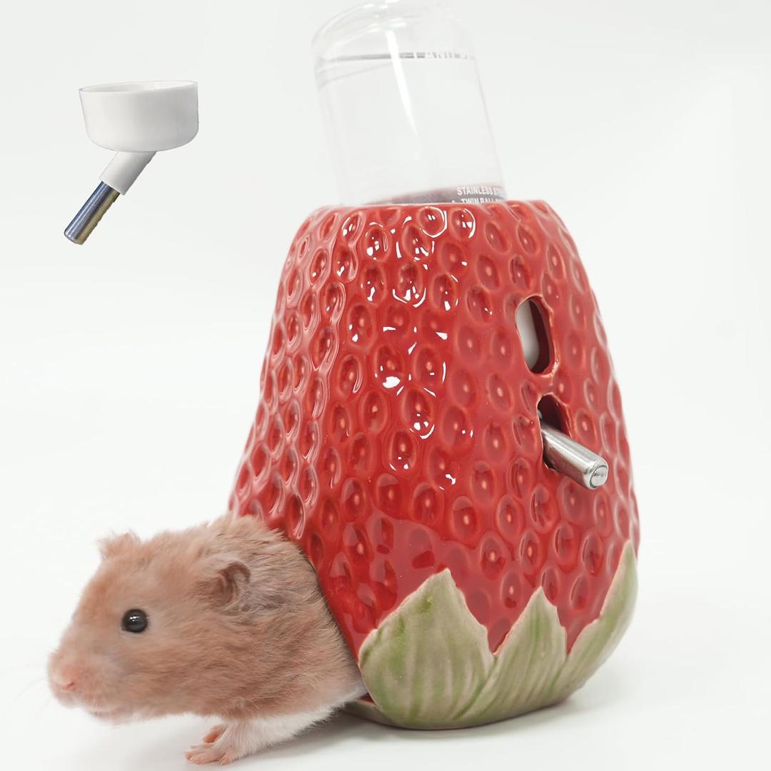 Strawberry Ceramic Hamster Water Bottle - 80ML Holder with 2 No Drip Caps for Syrian Dwarf Hamster, Mice, Gerbil