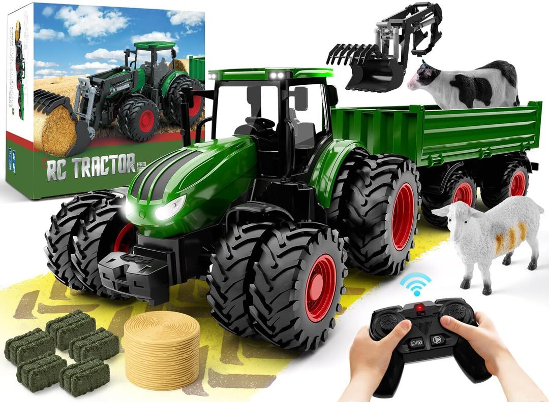 Remote Control Tractor and Trailer Set RC Kids Tractor Toy Front Loader Farm Vehicle Toys for 3-7 Year Old Boys Kids Toddlers Birthday Gifts