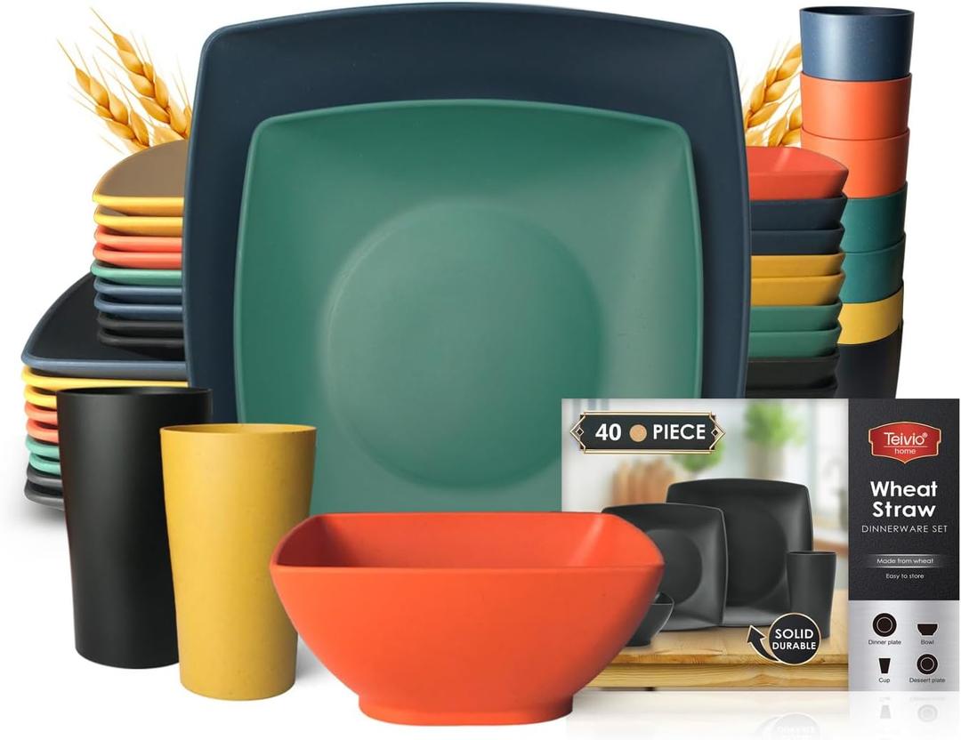 Teivio 40-piece Kitchen Wheat Straw Square Dinnerware Set, Service for 10, Unbreakable Dinner Plates, Salad Plates, Snack Bowls, Cups 13.5 oz, Colorful Plastic, Dishwasher Safe Dishes, Autumn Multicolor