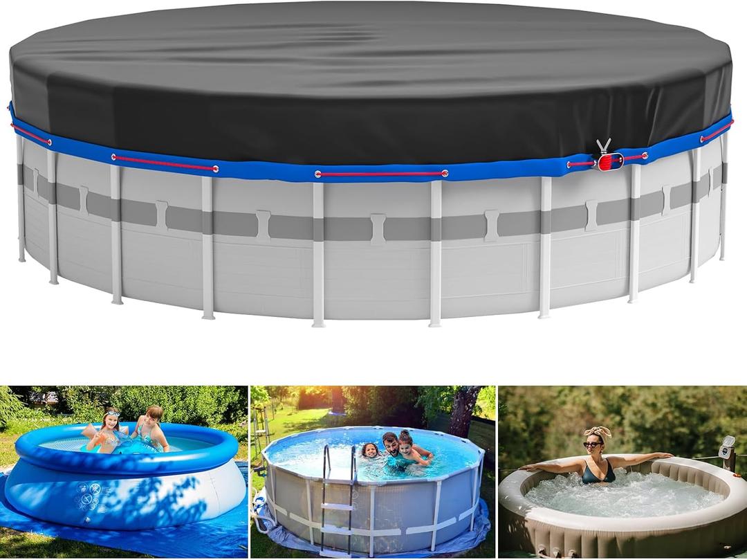 MIXC 12 Ft Round Pool Cover, Solar Covers for Above Ground Pools, Summer Pool Cover Protector with Pool Cover Accessories, Round Hot Tub Cover Ideal for Waterproof and Dustproof (Black)