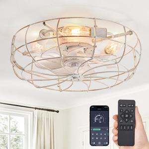 LEDIARY 20" Caged Ceiling Fans with Lights, White Flush Mount Low Profile Ceiling Fan with Remote, Small Modern Farmhouse Industrial Ceiling Fan with Light for Bedroom, Kitchen, Dining Room, Indoor
