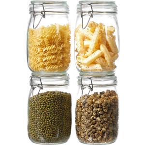 ODBCYWM 34oz Glass Food Storage Jars with Airtight Lids, Set of 4 – Clear Preserving Seal Wire Clip Fastening Canisters for Kitchen Canning, Flour, Cereal, Pasta, Sugar, Beans, Pickling Jars (34oz*4)