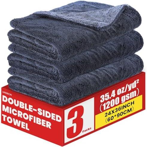 LINSIRON Car Drying Towels 3 Pack Microfiber for Cars 24 x 36 Inch Extra Large 35.40 oz/yd² （1200 GSM） Absorbent Drying Towels Car Detailing Wash Double Layer Plush （60 * 90cm）