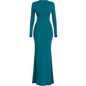 PRETTYGARDEN Fall Dresses for Women 2026 Long Sleeve Bodycon Mock Neck Ruched Maxi Formal Cocktail Wedding Guest Dress (Blue, XL)