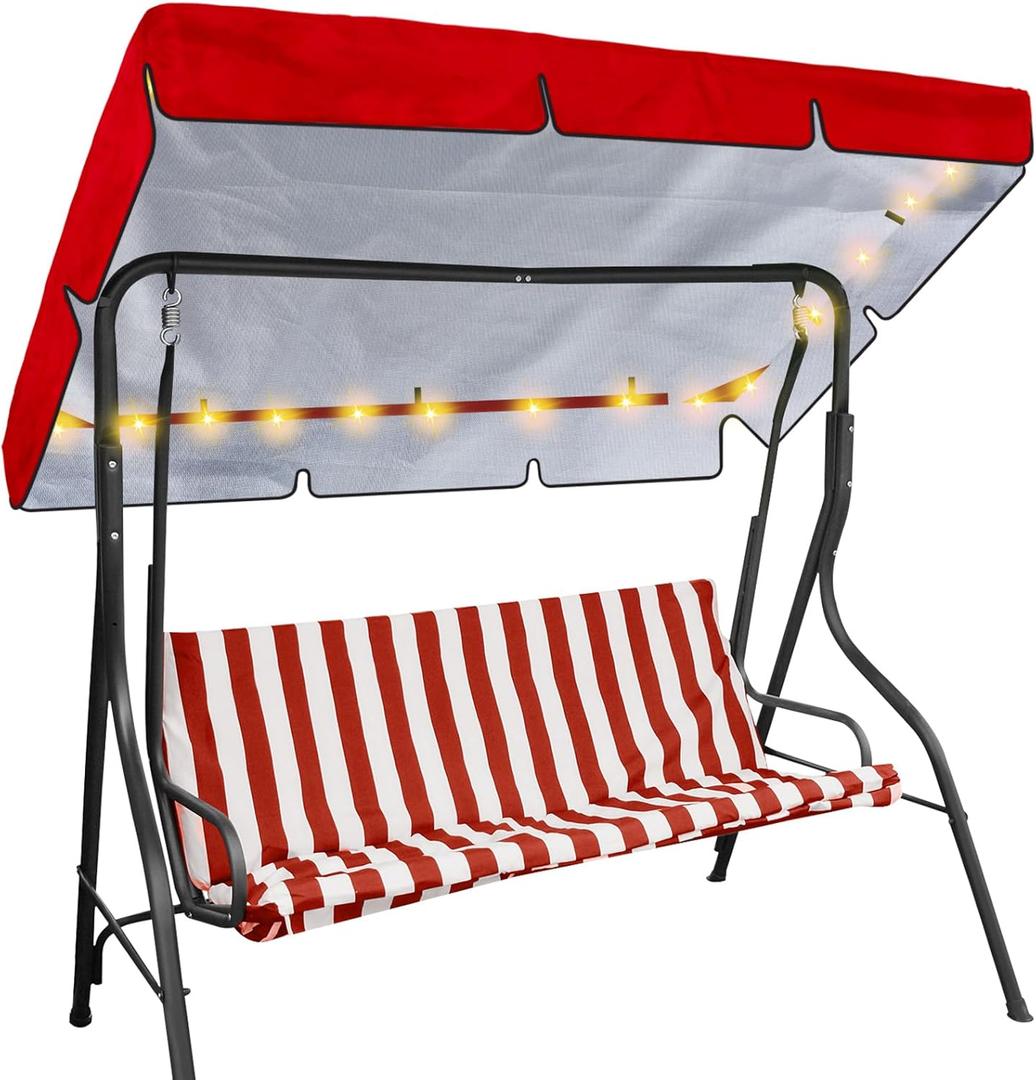 LED Lighted Porch Swing Canopy Replacement Waterproof LED Swing Canopy Top Cover 2-3 Seat Shade Awning Cover for Garden Outdoor Patio(77 x 49 Inch,Red)