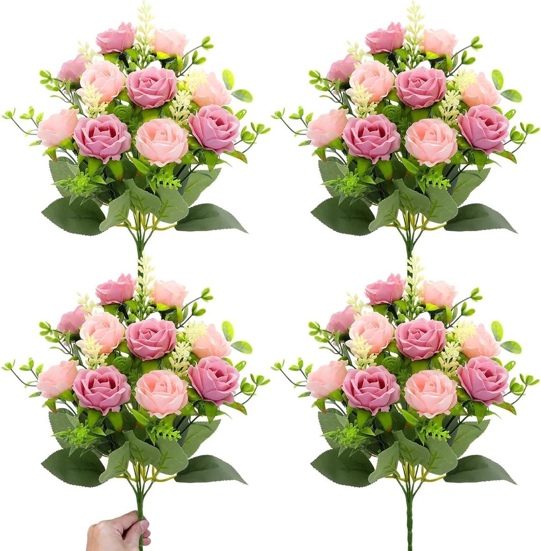 TURNMEON 40 Heads Fake Roses Artificial Flowers for Outdoors Summer Decor, 4 Bouquets UV Resistant Fake Flower Bouquet Faux Silk Roses for Wedding Birthday Party Home Mother's Day Cemetery Decor(Pink)