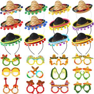 Syhood 24 Pcs Fiesta Party Supplies Cinco De Mayo Sombrero Headband Hats Eyeglasses for Mexican Theme Decoration Accessories