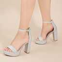 Ankis Chunky Platform Heels - 4 Inch Block Heeled Sandals for Women - Comfortable Open Toe Strappy Heels - Black, Nude, White, Silver, Gold - Summer Dress Shoes (Gray) 8