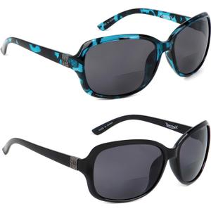 2 Pack Bifocal Reading Sunglasses for Women,Classic Vintage Outdoor UV Protection (1 Black& 1 Blue Tortoise, 2.5, x)