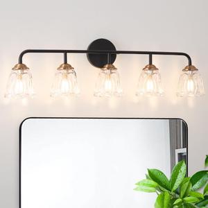 Daunton Vintage Vanity Lighting for Bathroom, Black and Gold Bathroom Vanity Light Fixtures with Clear Glass Shade, Elegant 5-Light Lighting Fixtures Over Mirror, Wall Sconce Lighting for Bedroom, 31.5in