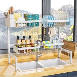 YKLSLH Over Sink Dish Drying Rack, Expandable Large Drying Rack, Suitable for Most Sinks (24.8"-35.4"), Adjustable Metal Rack, Space Saving, White (2 tiers 4 baskets)
