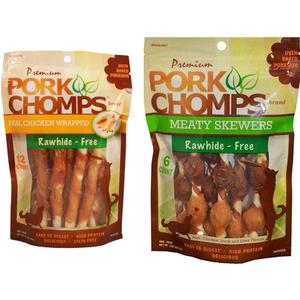 Pork Chomps Baked Pork Skin Dog Chews 12 Count, 5-inch Mini Twists & Premium 6CT Meaty Skewers, Brown, 3.98 Ounce Bundle, BB Date 10/07/2025
