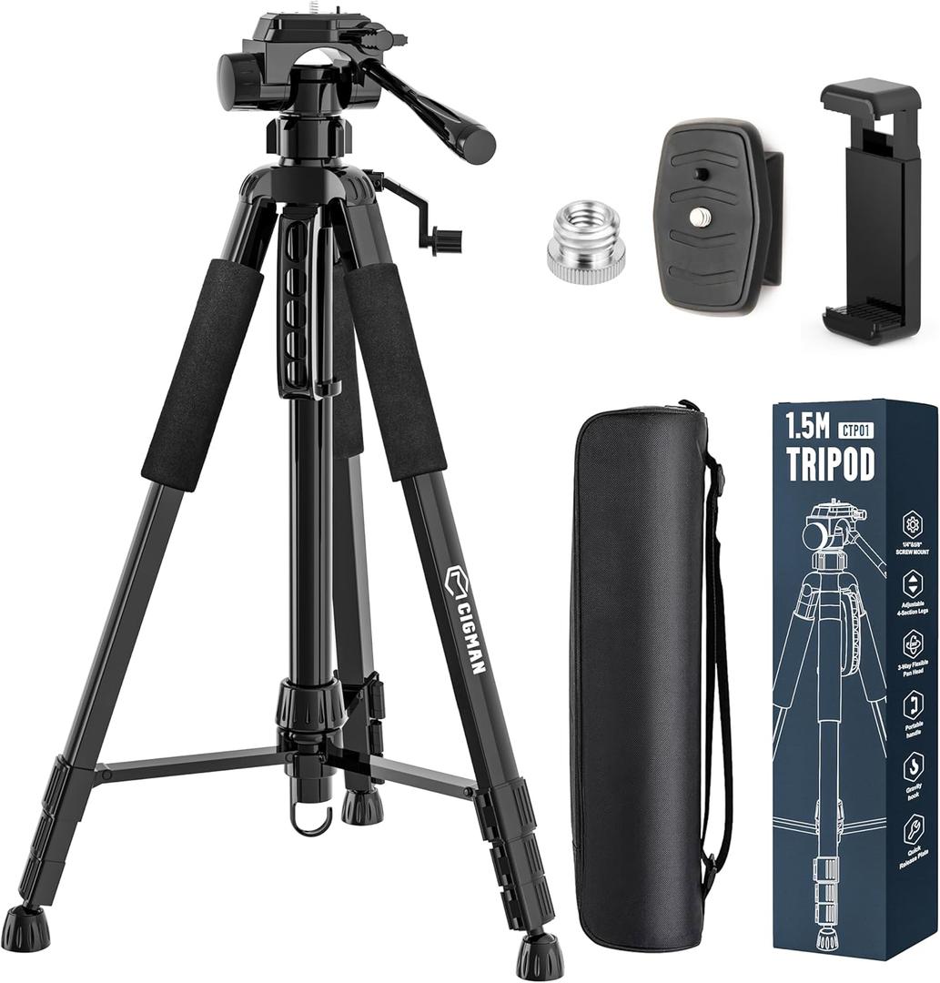 CIGMAN 59-inch Lightweight Adjustable Laser Level Tripod with 3-Way Swivel Pan Head, Bubble Level, Phone Holder, Quick Release Plate with 1/4" Screw Mount & 5/8" UNF Adapter Nut, Camera & Phone Tripod