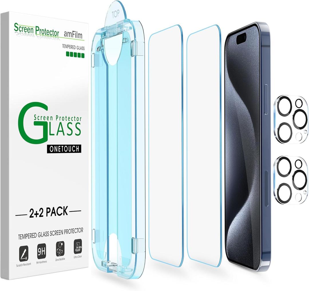 amFilm Auto-Alignment OneTouch for iPhone 15 Pro Max [6.7''] Screen Protector + Camera Lens Protector, Tempered Glass, 30 Seconds Installation, Bubble Free, Case Friendly, Anti-Scratch 2 Pack
