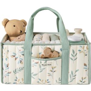 Blissful Diary Leaf Diaper Caddy Organizer, Stylish Nursery Storage Basket, Gift for Baby Shower, Newborn Essentials, Sage Leaf