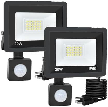 Motion Sensor Flood Light Outdoor, Plug in Motion Sensor Light with 4.9ft Cord, IP66 Waterproof Floodlights with Photocell 6000K Super Bright Security Light for Garden Patio (20W, 2Pcs)