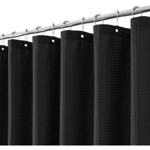meioro Black Shower Curtain, Waffle Weave 256GSM Heavy Duty Textured Fabric Shower Curtains for Bathroom Hotel Spa, Luxury Weighted Polyester Cloth Bath Curtain Set with 12 Hooks, 60Wx72H