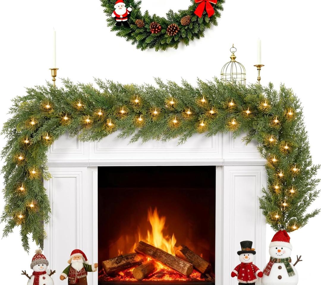6.5FT Real Touch Christmas Garland with Lights & Timer, Realistic Lighted Green Cedar Garland Battery Operated, Lush Pine Needle Cypress Garland for Mantle, Table, Fireplace, Stairs Railing, Door