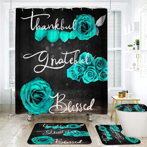 Onalasyc 4Pcs Green Rose Shower Curtain Set with Rugs Waterproof Bathroom Sets with Shower Curtain and Rugs Romantic Rose Floral, Thankful Grateful Blessed Bathroom Curtains Shower Set,with 12 Hooks