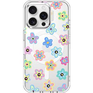 MOSNOVO Case for iPhone 16 Pro, [Compatible with Magsafe] [Buffertech 6.6ft Military-Grade Drop Protection] [Anti Peel Off Tech] Clear Phone Case Design - Groovy Flower
