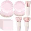Light Pink Scalloped Paper Plates Shell Edge Disposable Tableware Cocktail Napkins Cups Plastic Spoons Forks Knives for Wedding Baby Shower Picnic Birthday Party Supply for 50 Guests