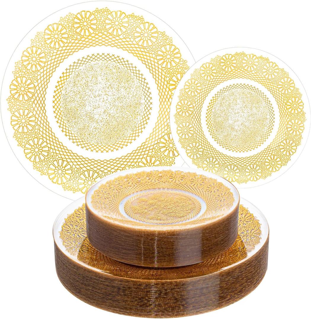 100PCS Clear and Gold Plastic Plates, Gold Disposable Plates Heavy Duty, Elegant Floral Plastic Plate Include 50 Dinner Plates and 50 Dessert/Salad Plates for Party & Thanksgiving