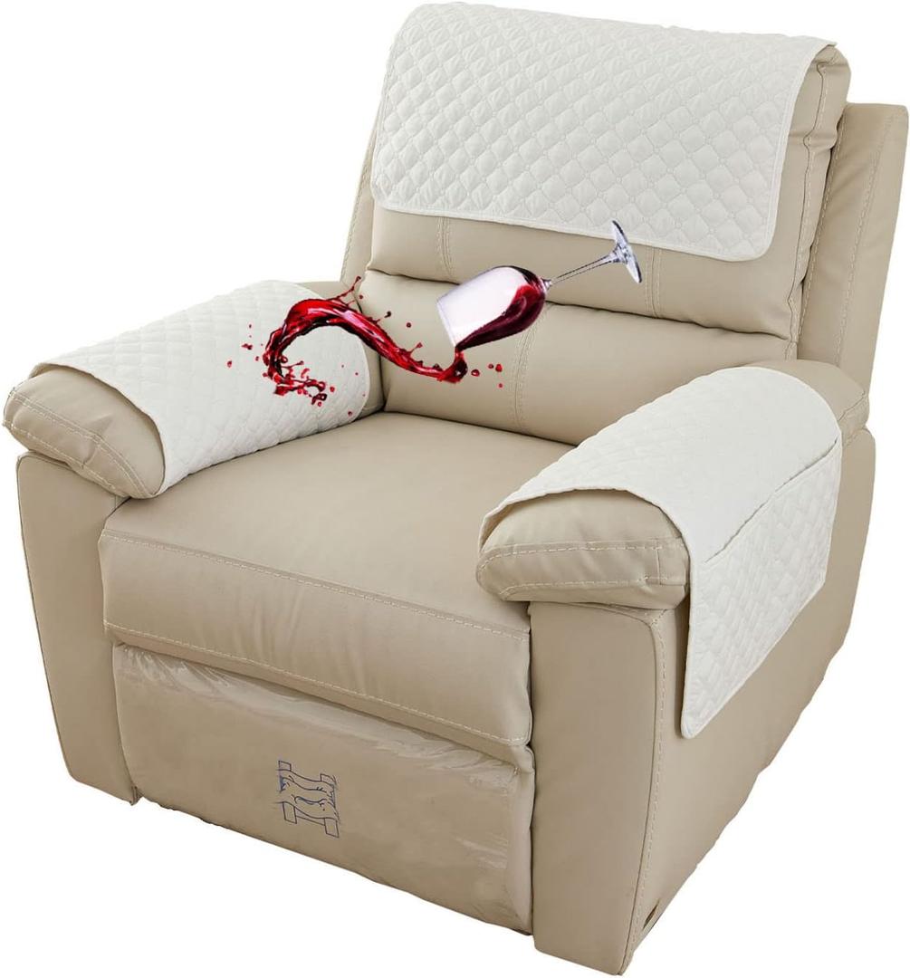 Waterproof Armchair Arm Cover 1 2 3 Seater Headrest Cover for Recliner Chair Anti-Slip Armchair Slipcover with Pockets Organiser Sofa Chair Arm Protector F for Dog, Cat, Pets (Beige,1 Seat 3 pc)