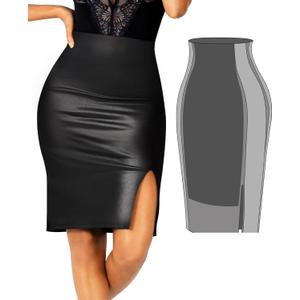 Popilush Faux Leather Skirts with Built in Mesh Shapewear Tummy Control High Waist Midi Skirt with Shaper for Women (Medium, Black)