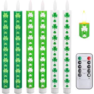 Whaline 6Pcs St. Patrick' s Day Flameless Tape Candles Green Shamrock Clover Battery Operated LED Candlesticks with Remote for Irish Holiday Birthday Table Decor