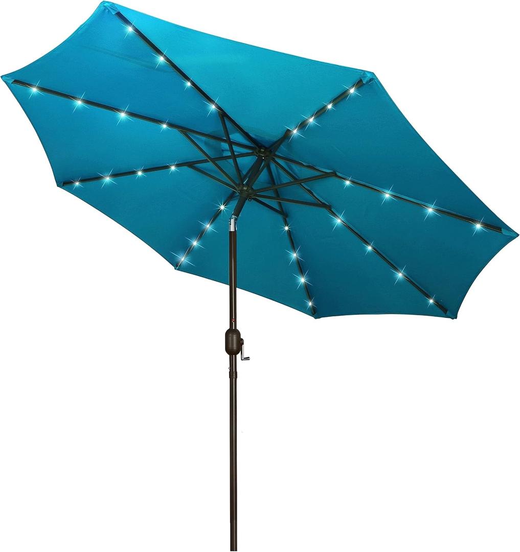 9 ft Solar Umbrella 32 LED Lighted Patio Umbrella Table Market Umbrella with Tilt and Crank Outdoor Umbrella for Garden, Deck, Backyard, Pool and Beach (Cerulean)
